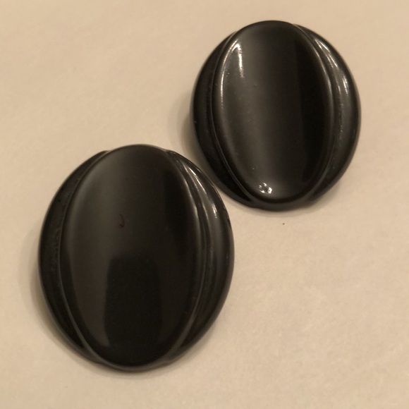 Vintage 80’s Metal Earrings Black Hoops & Charcoal Bevelled Ovals Pierced - #435 - Picture 3 of 9